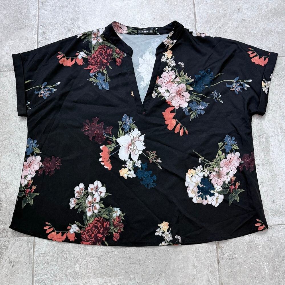 Womens Plus Size Floral Blouse with Notch Neck Cuffed Sleeve Size 3XL - Picture 2 of 13